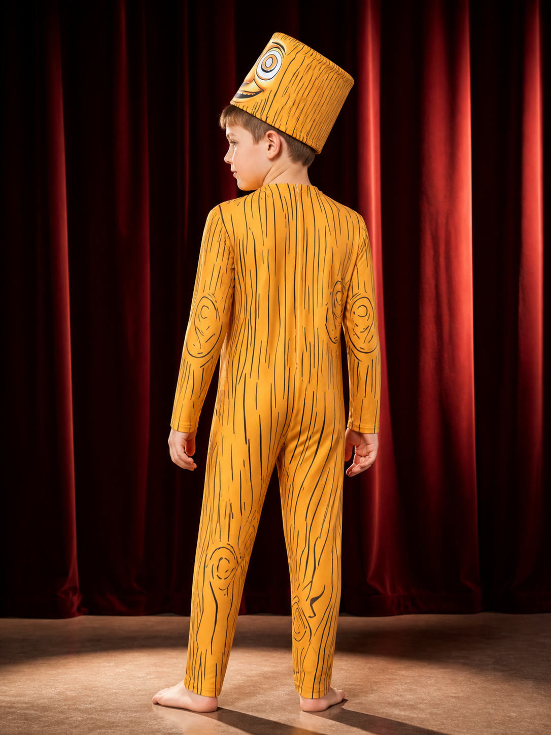 Yellow Wooden Man Halloween Costume Set, Wooden Grain Print Jumpsuit back view