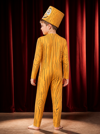 Yellow Wooden Man Halloween Costume Set, Wooden Grain Print Jumpsuit back view