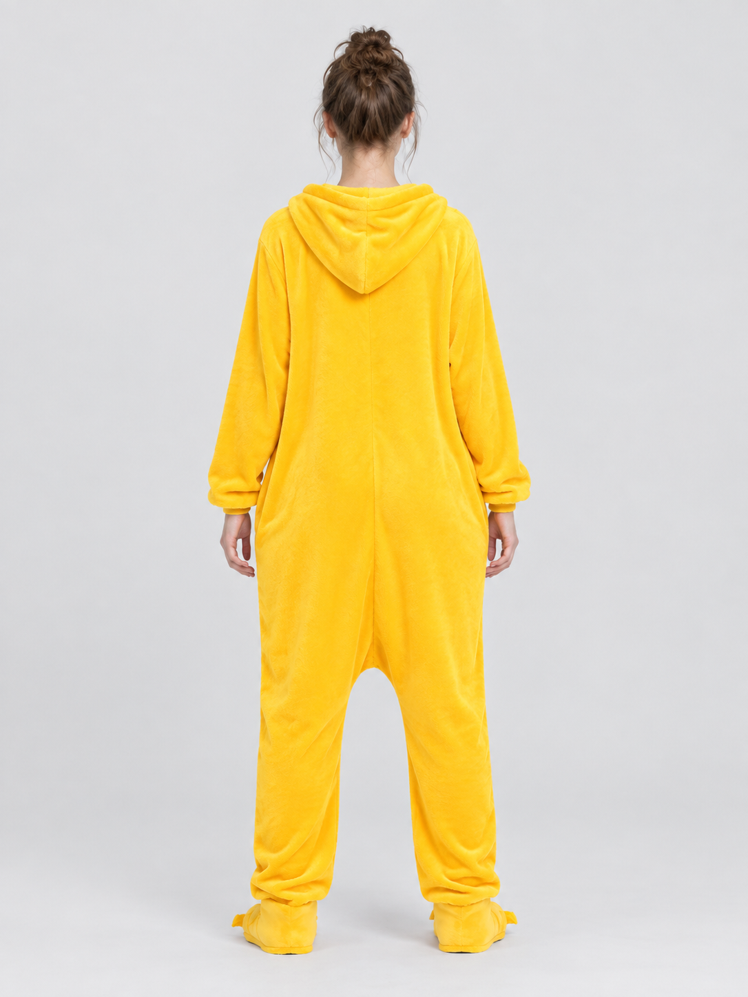 Yellow Fleece Hooded Pajama Jumpsuit with Pockets