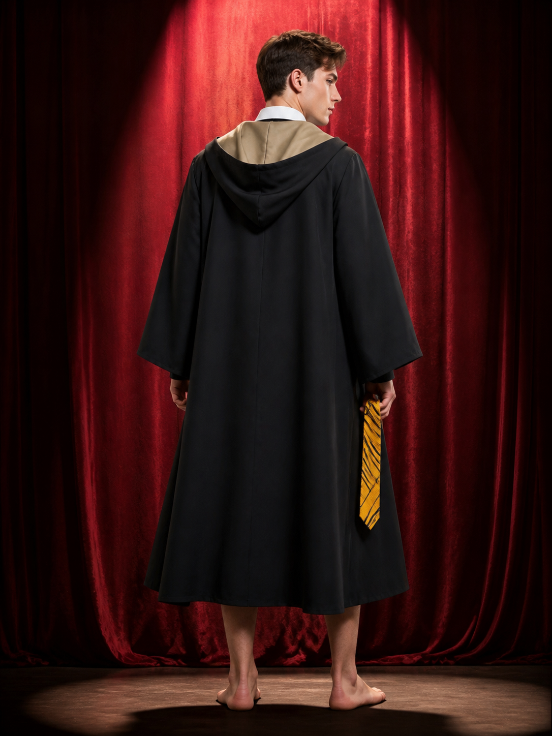 Hufflepuff Wizard Costume Set, Hooded Robe With Striped Tie, Cosplay Outfit back view