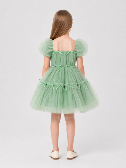 Festive Princess Dress with a Full Skirt and Bows back view