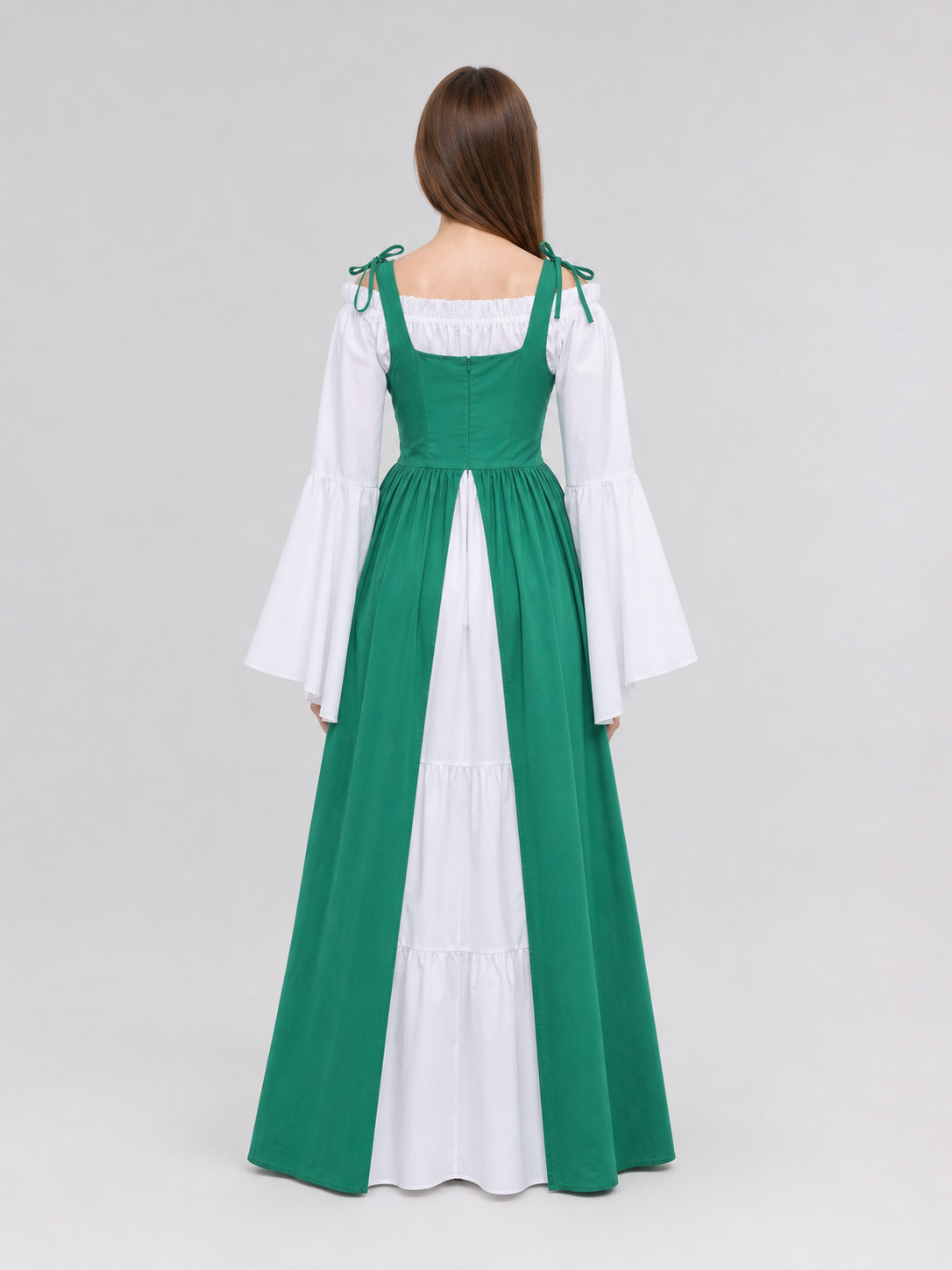 Green and white medieval-style dress with lacing