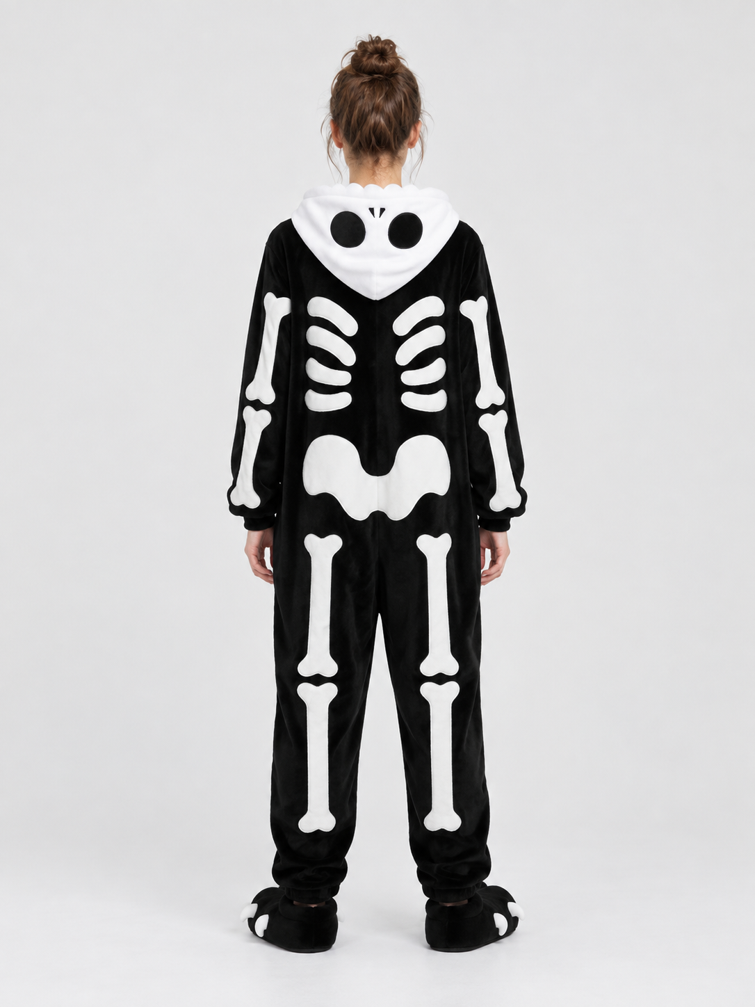 Black Hooded Pajama Jumpsuit with Skeleton Print