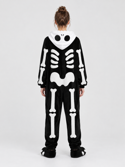 Black Hooded Pajama Jumpsuit with Skeleton Print