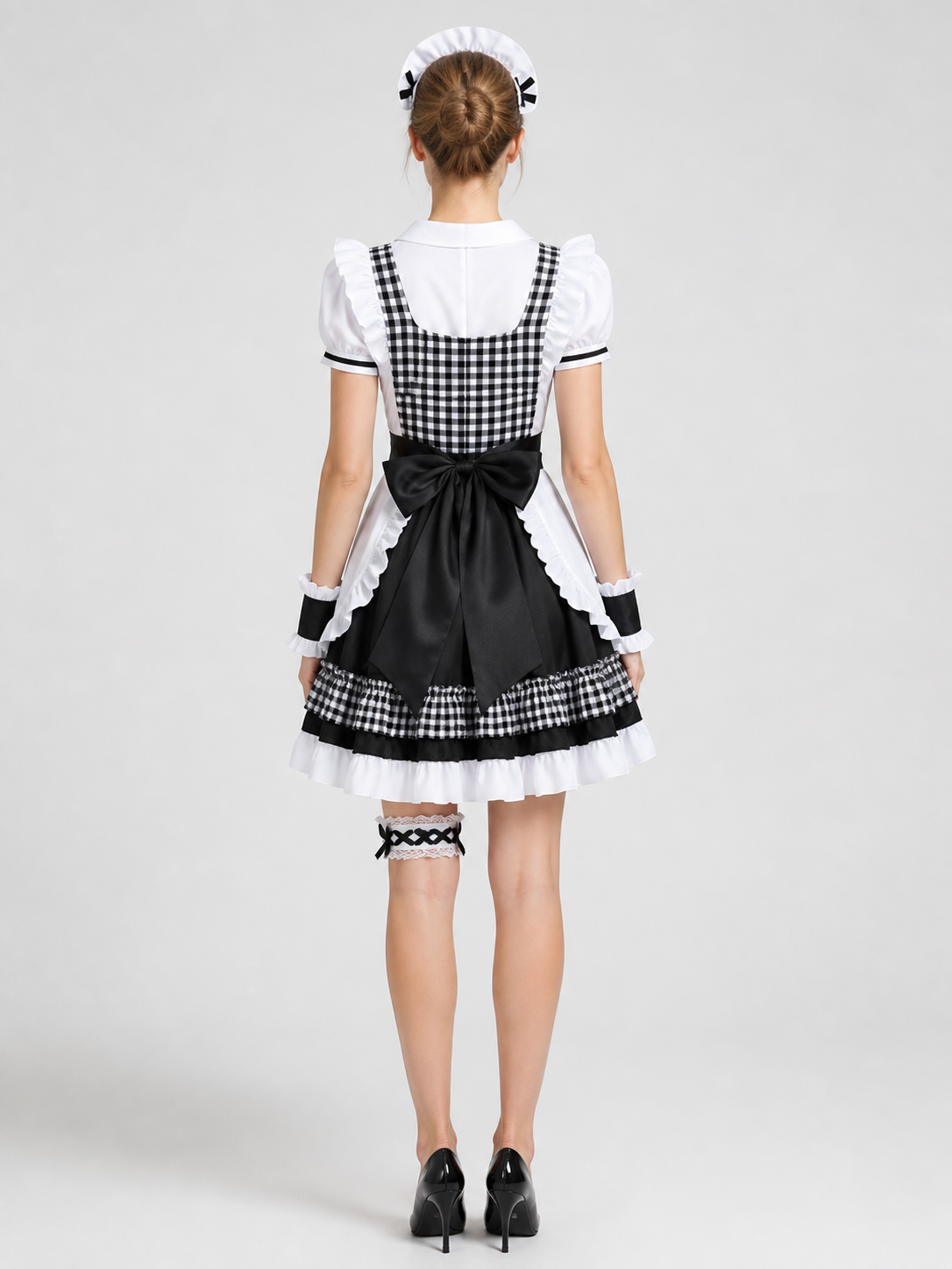 Lolita-Style Outfit with Apron, Bow, and Headband back view