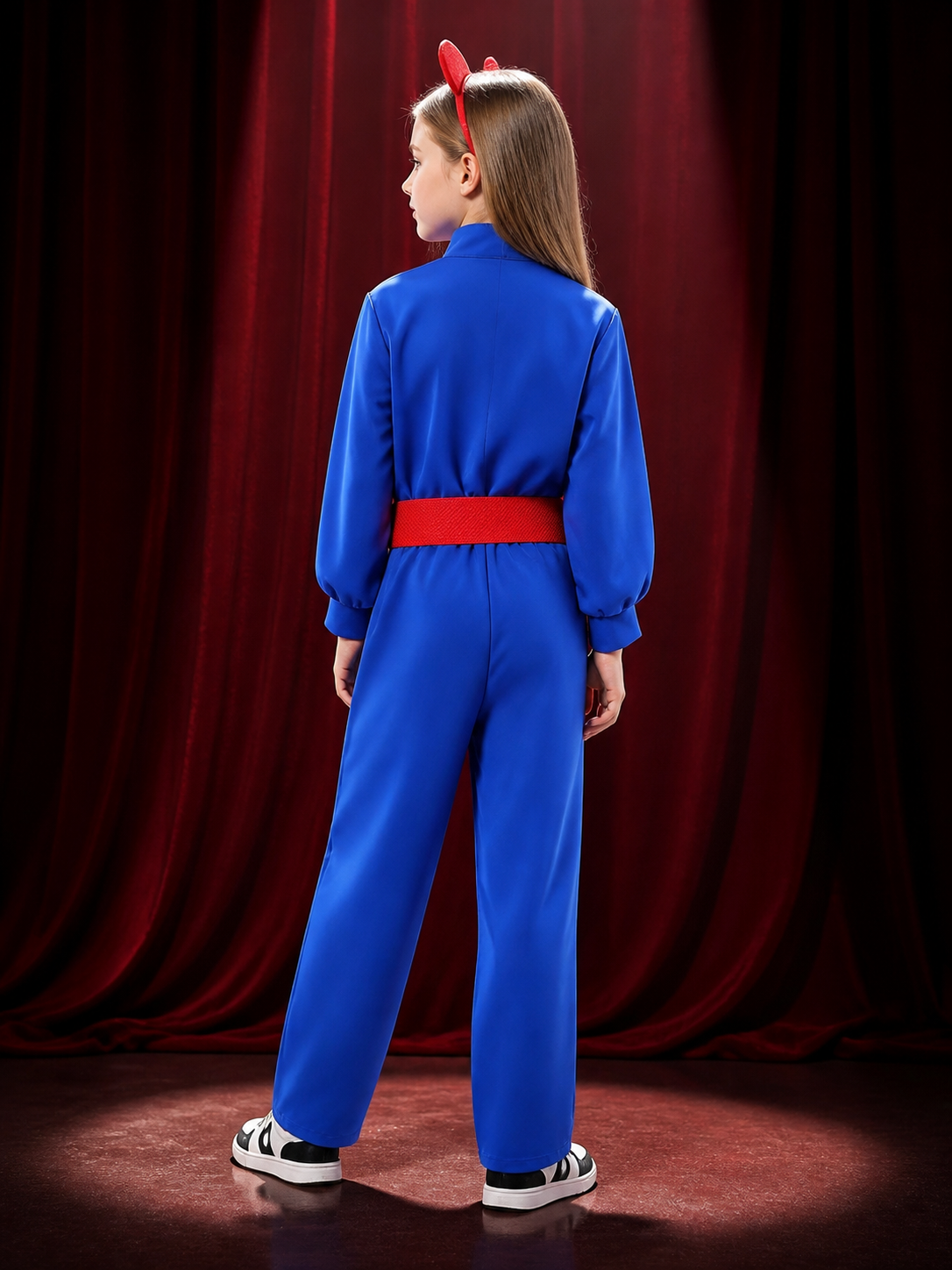 Kids Willy Wonka Blue Jumpsuit Costume Set with Red Ears Headband & Belt back view