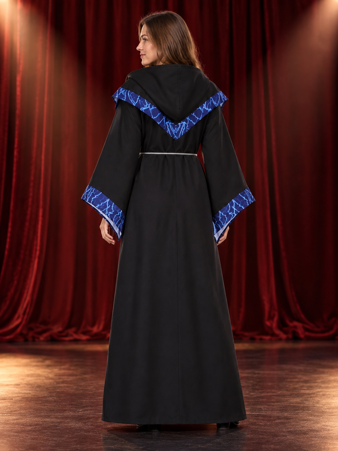 Black wizard robe with blue lightning bolts and a hood