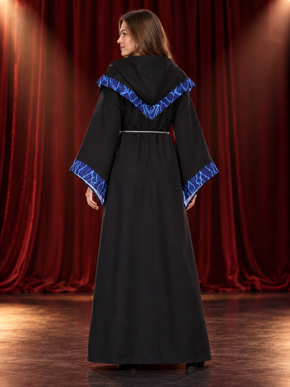 Black wizard robe with blue lightning bolts and a hood