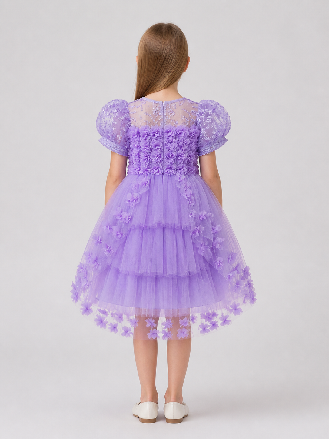 Full Festive Dress with Tulle and Floral Decor back view
