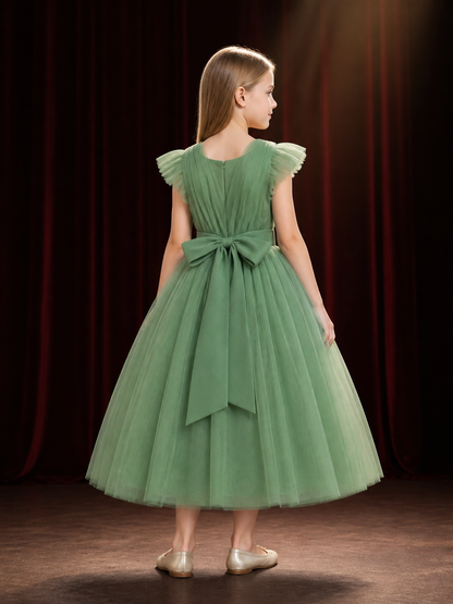 Toddler Girls' Green Princess Dress with Flutter Sleeves and Layered Tulle Full back view