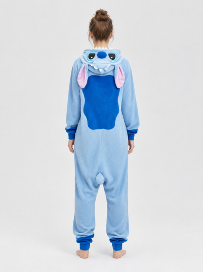 Fleece jumpsuit pajama with hood, face, and ears