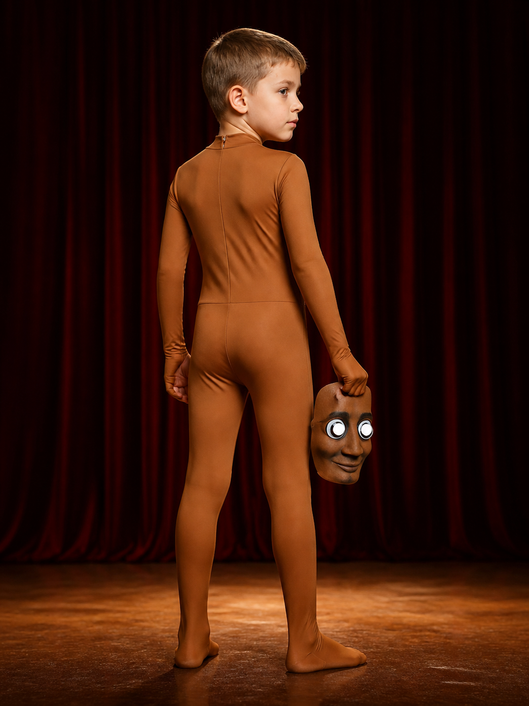 Brown Full Body Jumpsuit Costume with Face Mask, Long Sleeve Halloween Cosplay back view