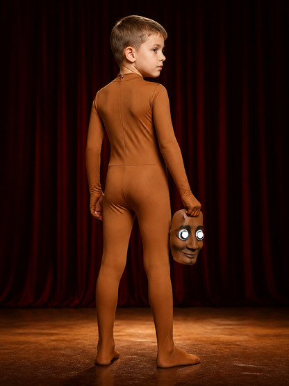 Brown Full Body Jumpsuit Costume with Face Mask, Long Sleeve Halloween Cosplay back view