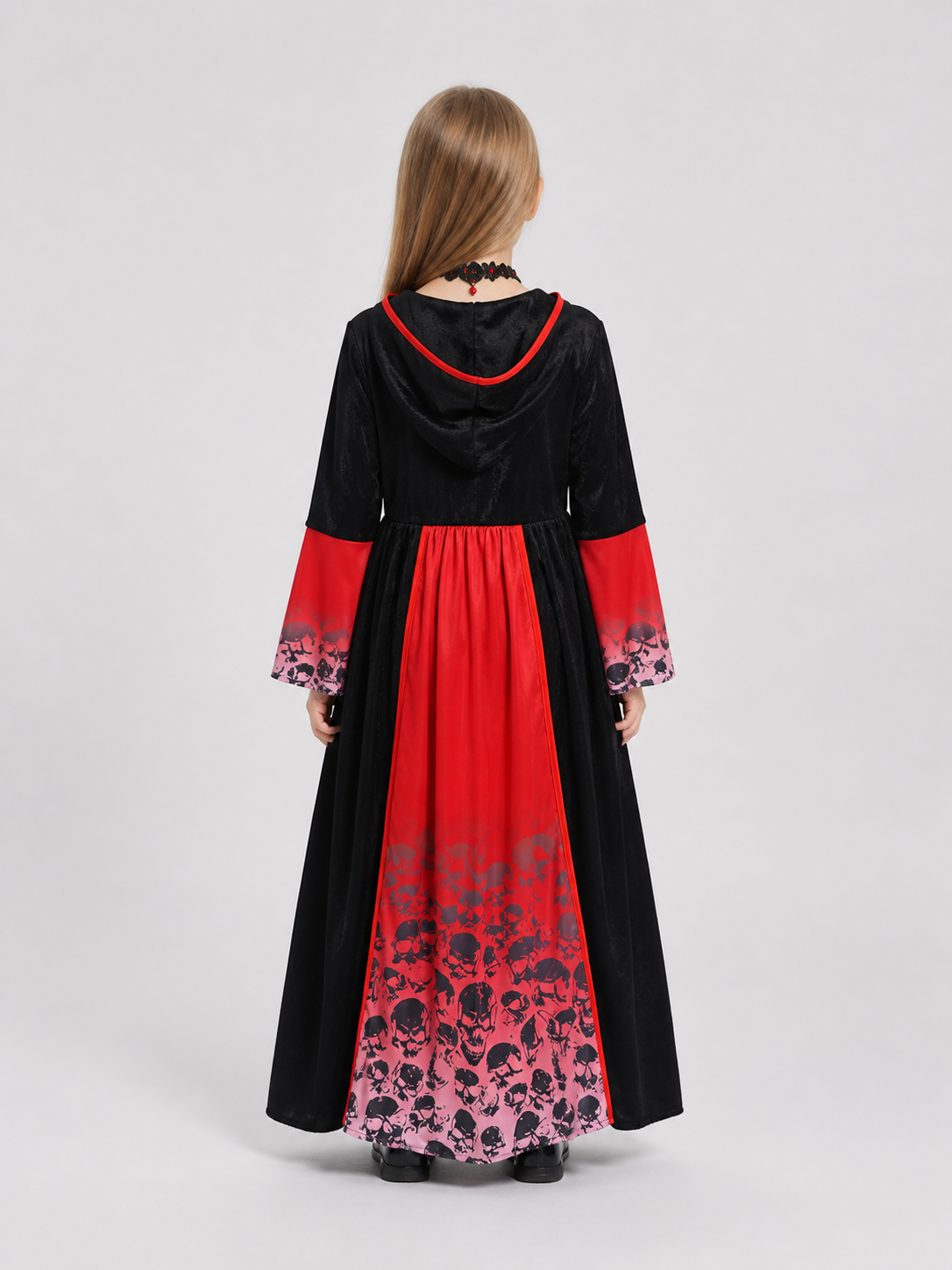 Children's Witch Costume Dress with Skulls and Hood back view