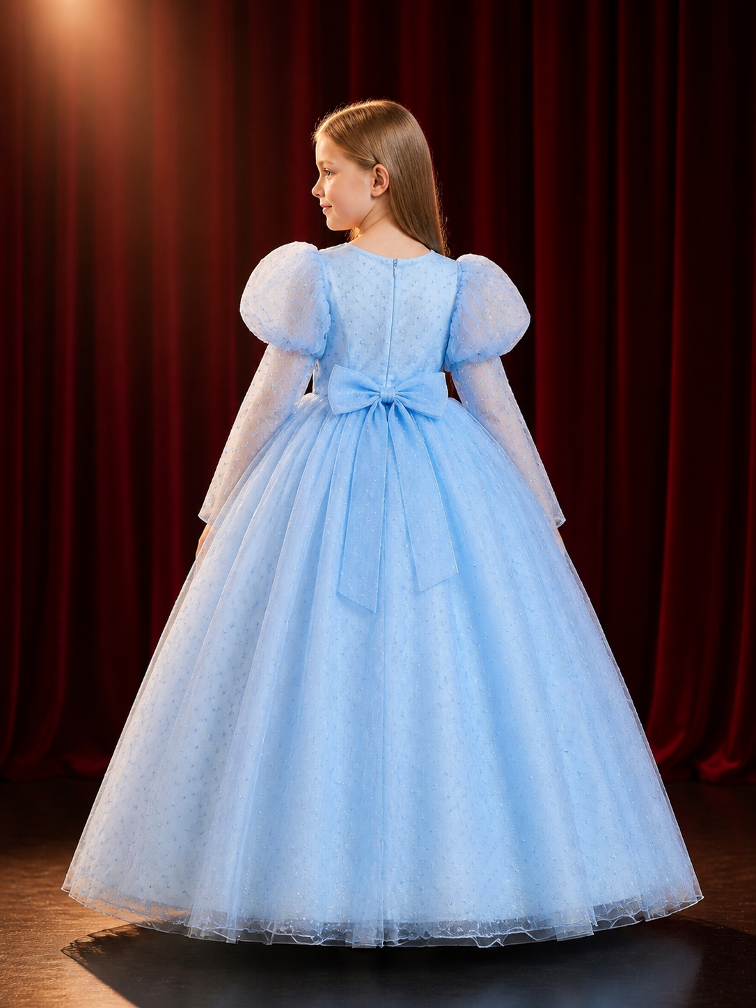 Girls' Light Blue Princess Dress With Puff Sleeves, Layered Tulle Skirt and back view