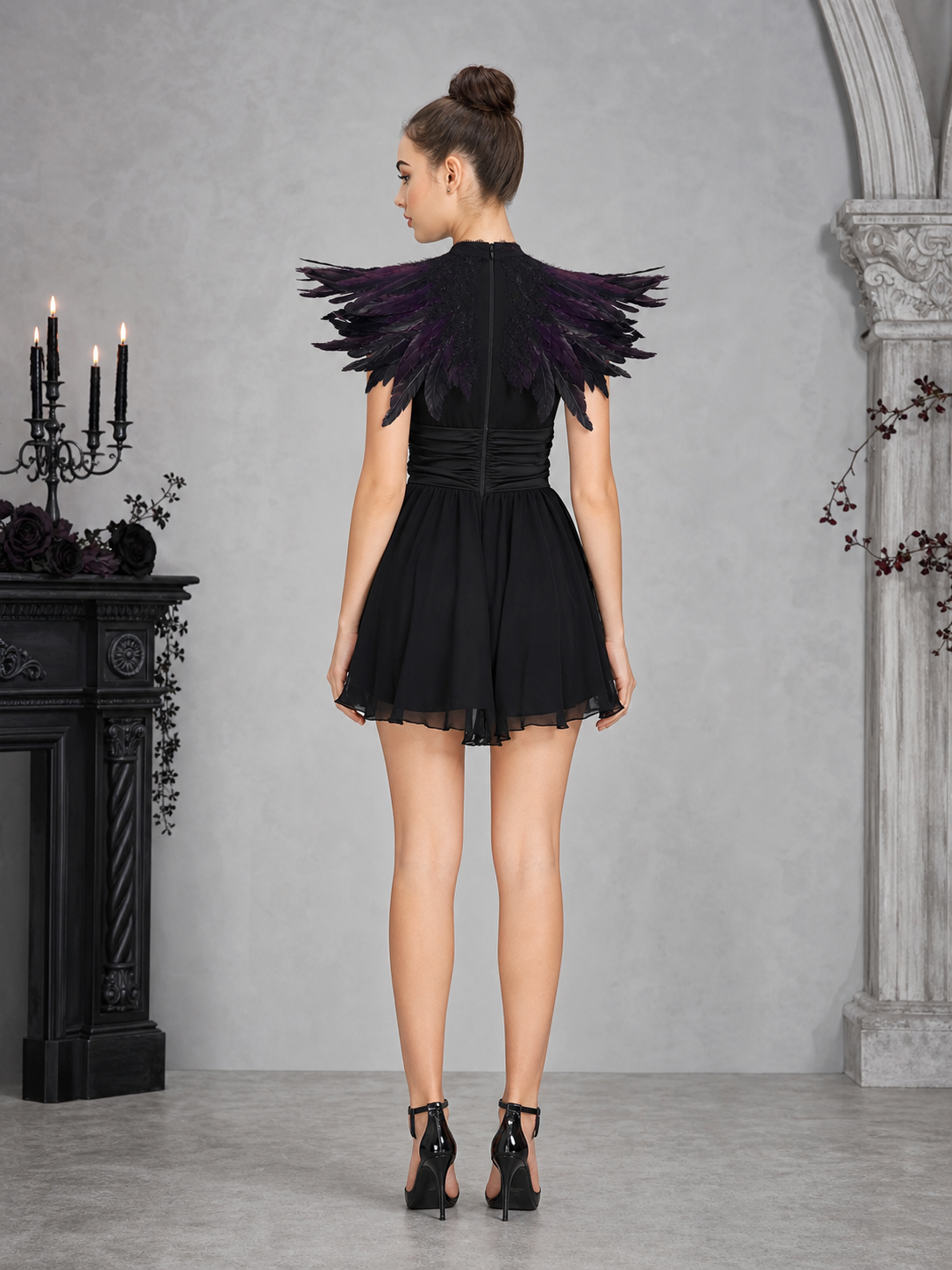 Halloween Costume Capelet, Black Purple Feather Lace Shoulder Cape with Front Center Tie, Lace Trim, Wide Wing Cape for Cosplay Role Play Theme Party