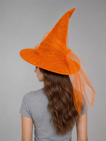 Orange Halloween Witch Hat with Very Tall Curved Pointed Crown, Wide Wavy Brim and Attached Sheer Veil for Costume Parties