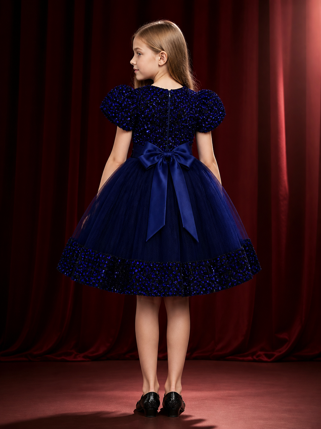 Baby Girls' Princess Dress, Sequined Tulle Puff Sleeve 3D Flower Party Gown back view