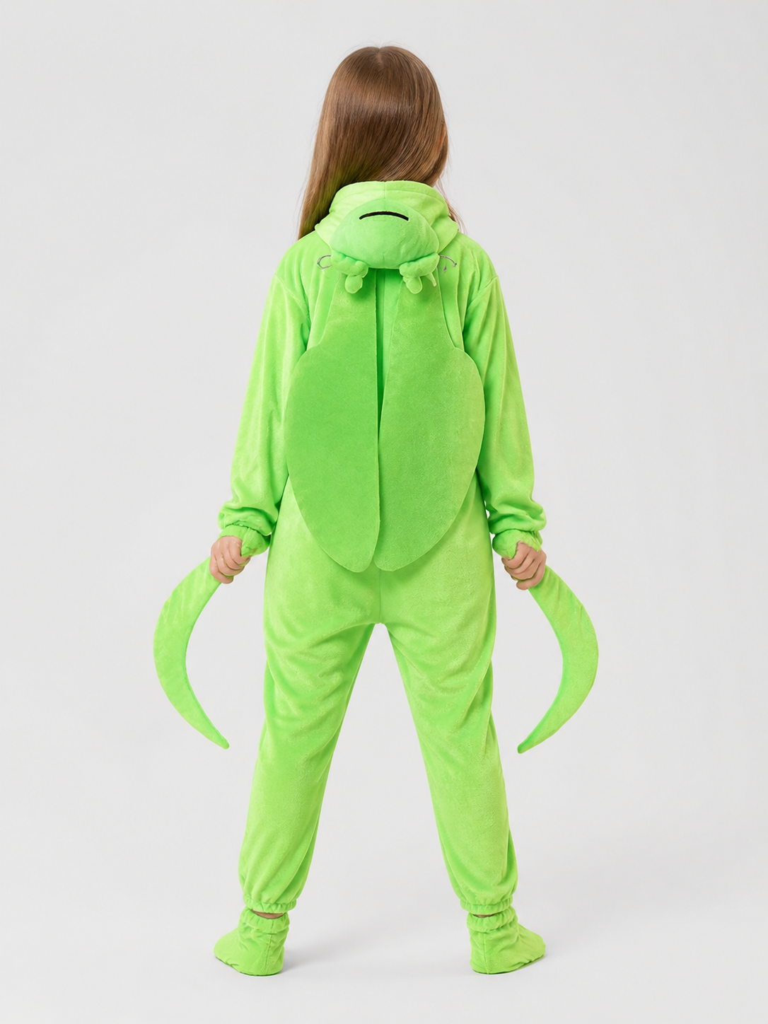 Mantis Costume, Green Hooded Jumpsuit back view