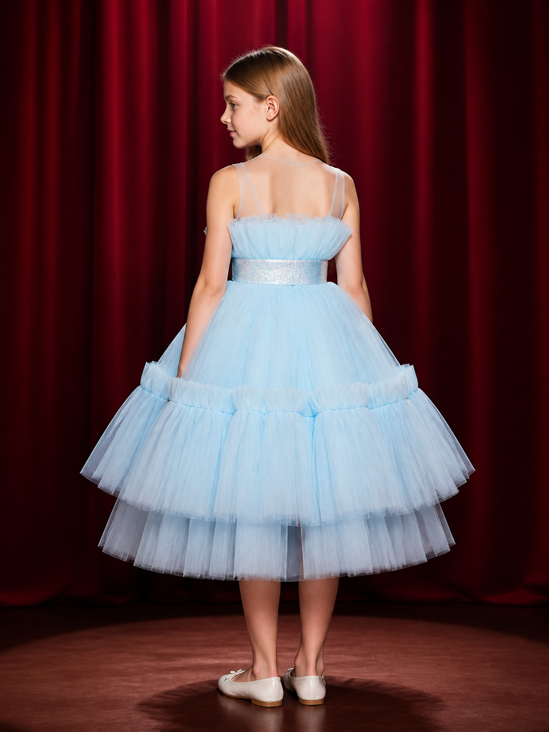 Girls' Light Blue Princess Dress, Layered Tulle Train Skirt With Sequined back view