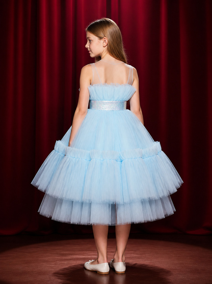 Girls' Light Blue Princess Dress, Layered Tulle Train Skirt With Sequined back view