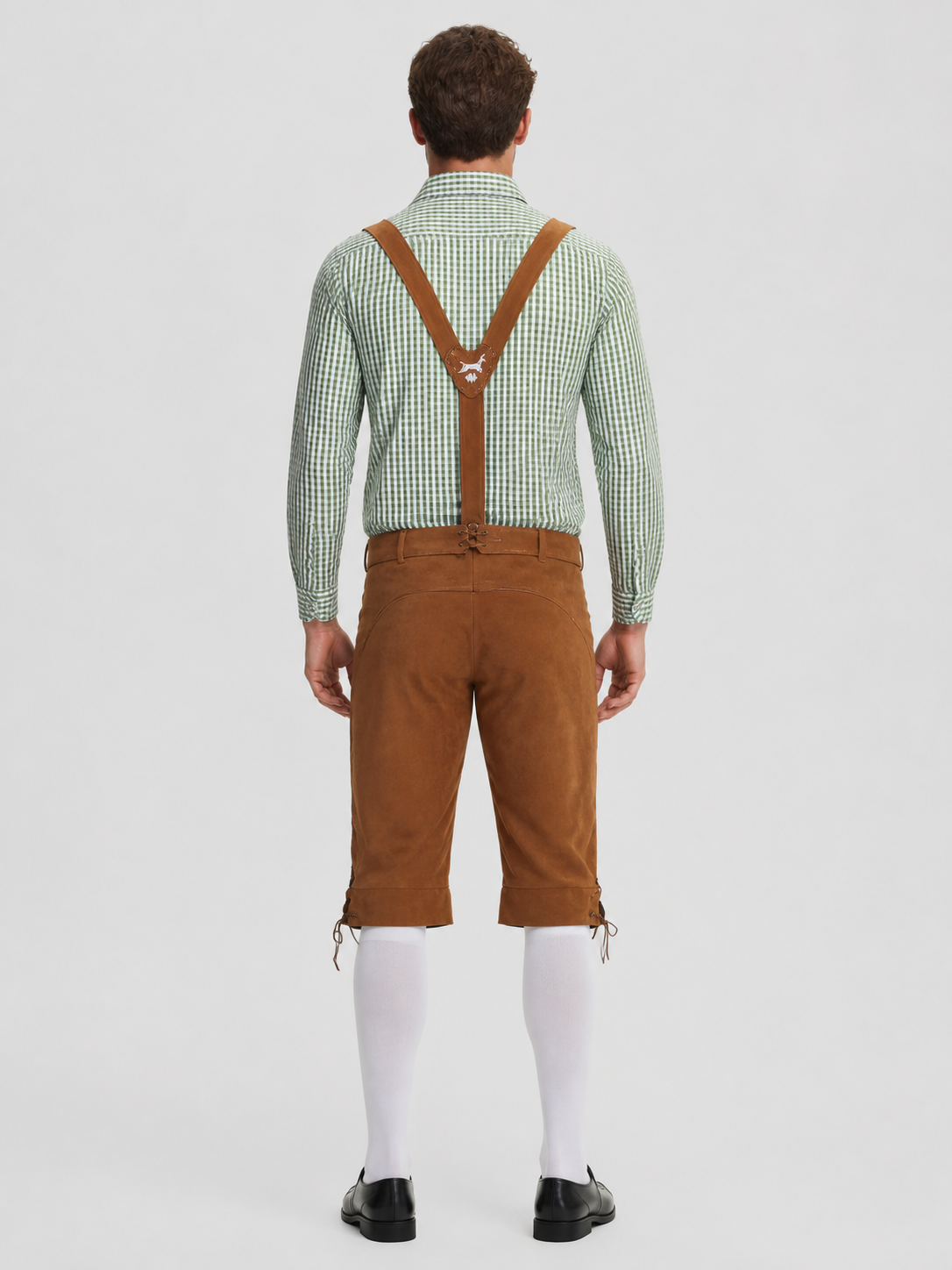 Plaid Folk Costume with Embroidery and Suspenders back view