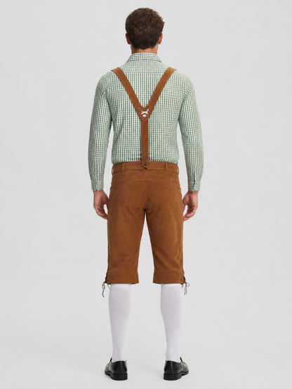 Plaid Folk Costume with Embroidery and Suspenders back view