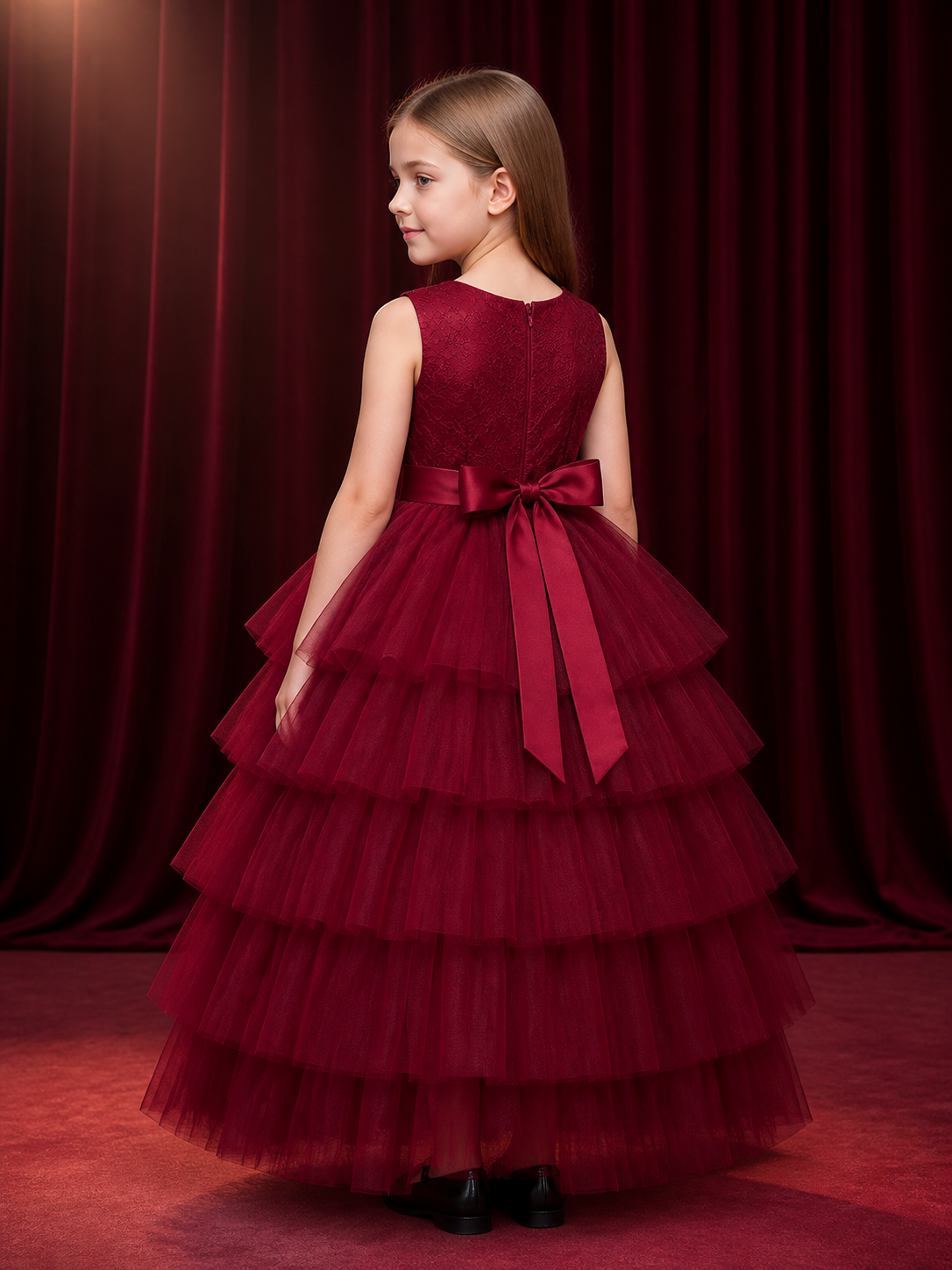 Girls' Maroon Princess Dress, Lace-Patterned Top and Layered Tulle Skirt back view