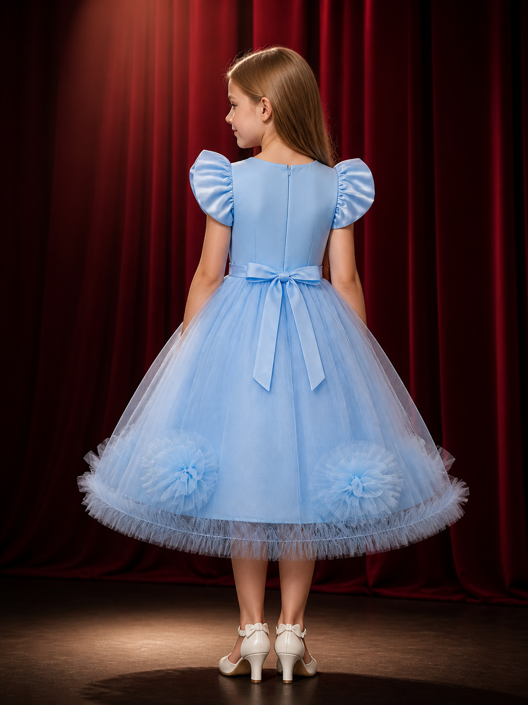 Girls' Sky Blue Princess Dress, Floral Tulle Flutter Sleeve Tutu Gown back view