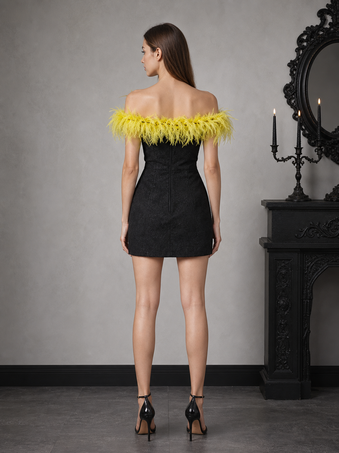 Yellow Feather Shoulder Shawl, Short Draped Wrap With Dense Feather Trim, Front-Covering Shoulder Design, Dress Up Accessory