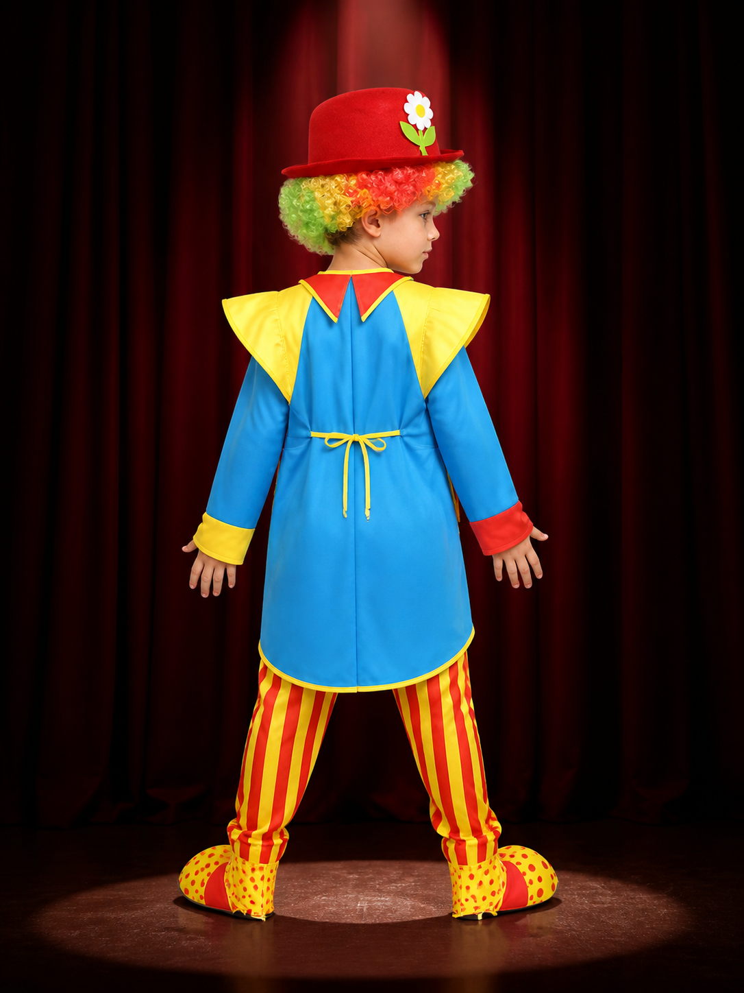 Boys Colorful Clown Circus Costume Set with Striped Jumpsuit, Jacket, Bow Tie back view