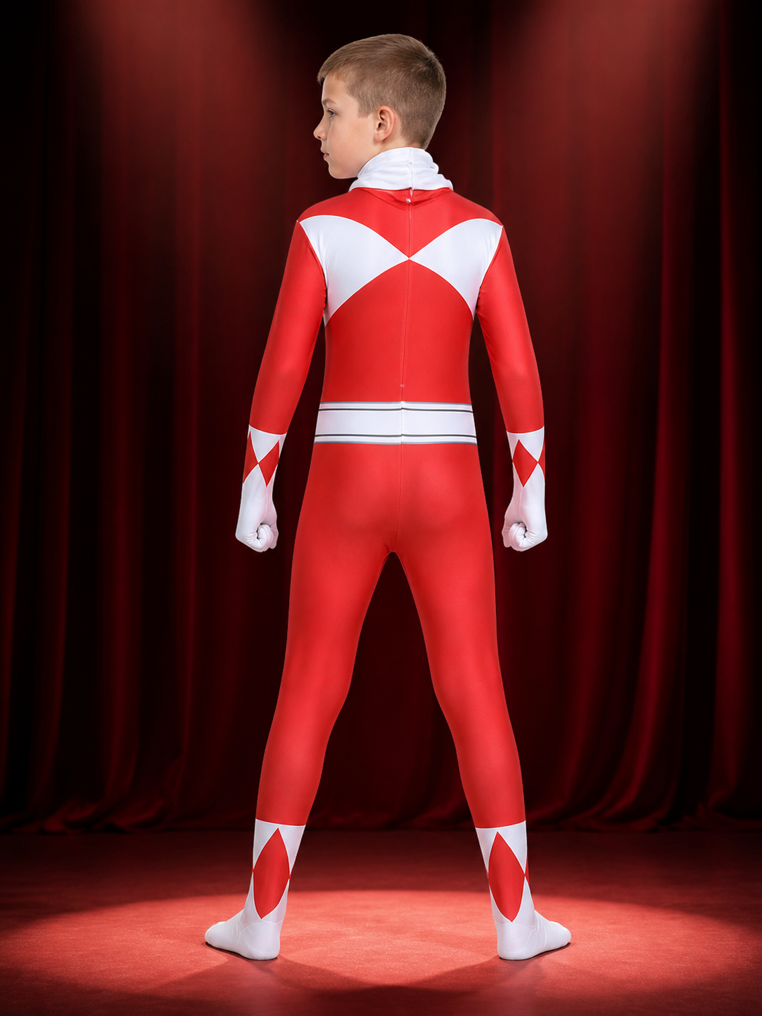 Red White Black Dragon Knight Bodysuit Costume with Hooded Mask and Diamond back view