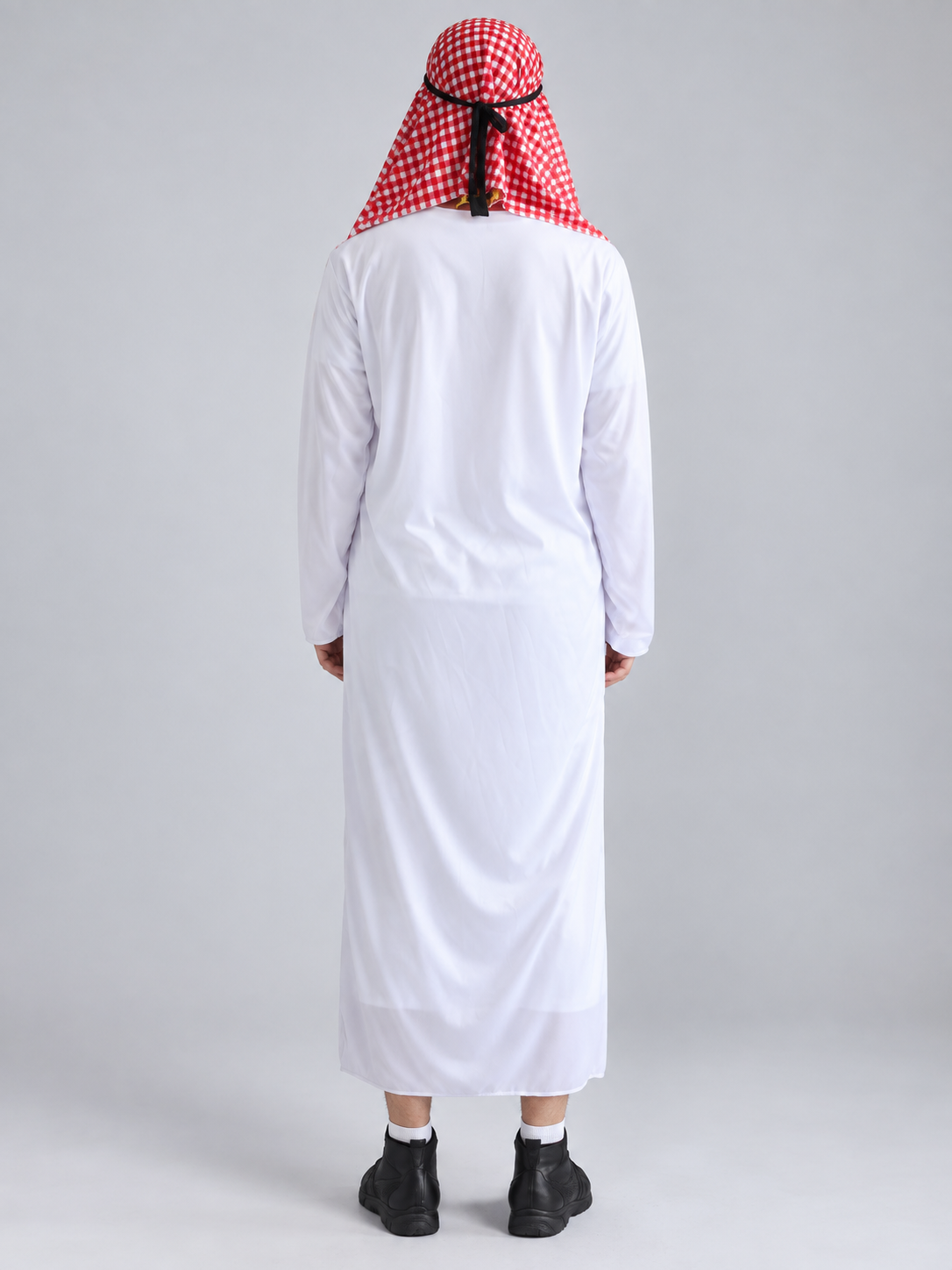 White carnival costume with plaid scarf and mustache