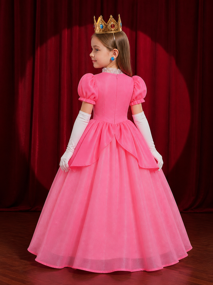 Kids Princess Peach Costume Dress Set with Crown & Gloves Halloween Costume back view
