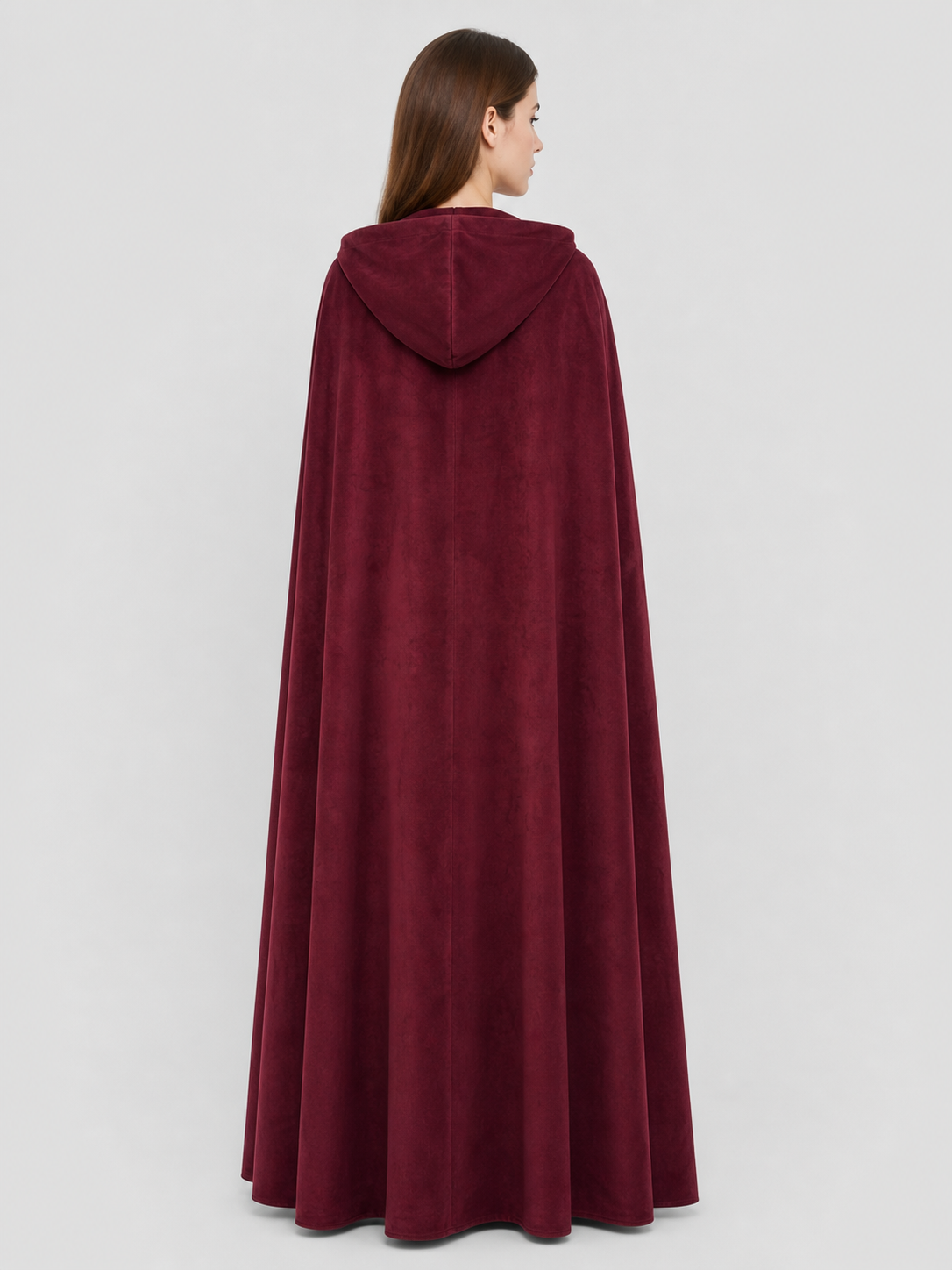 Long burgundy carnival cloak with hood