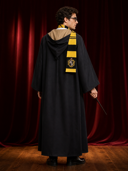 Hufflepuff Wizard Costume Set, Hooded Robe With Tie, Scarf, Glasses & Wand back view