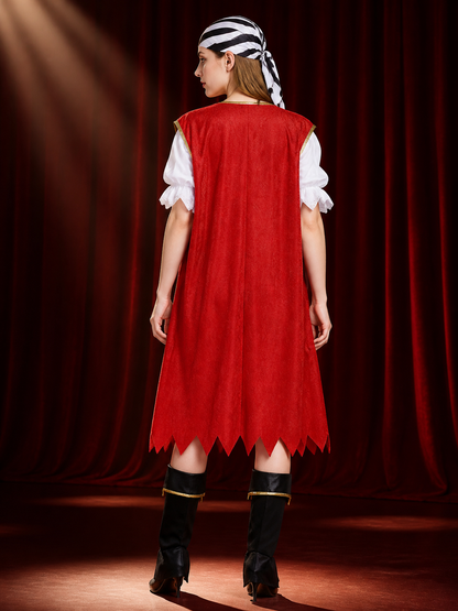 Pirate cosplay costume with a red cape for Halloween back view
