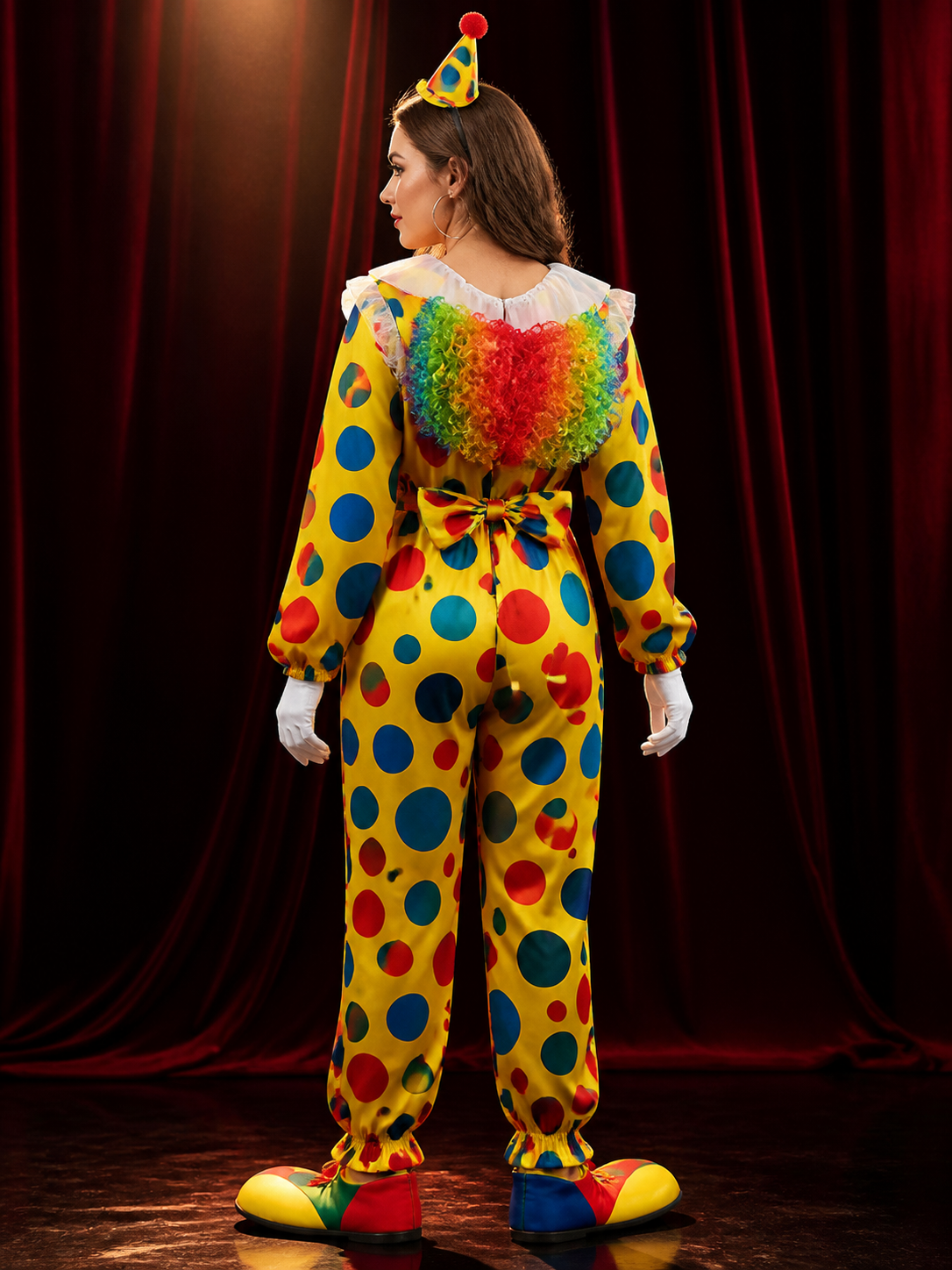 Colorful Unisex Clown Costume Accessory Set with Wig, Red Nose, Bow Tie & Gloves back view