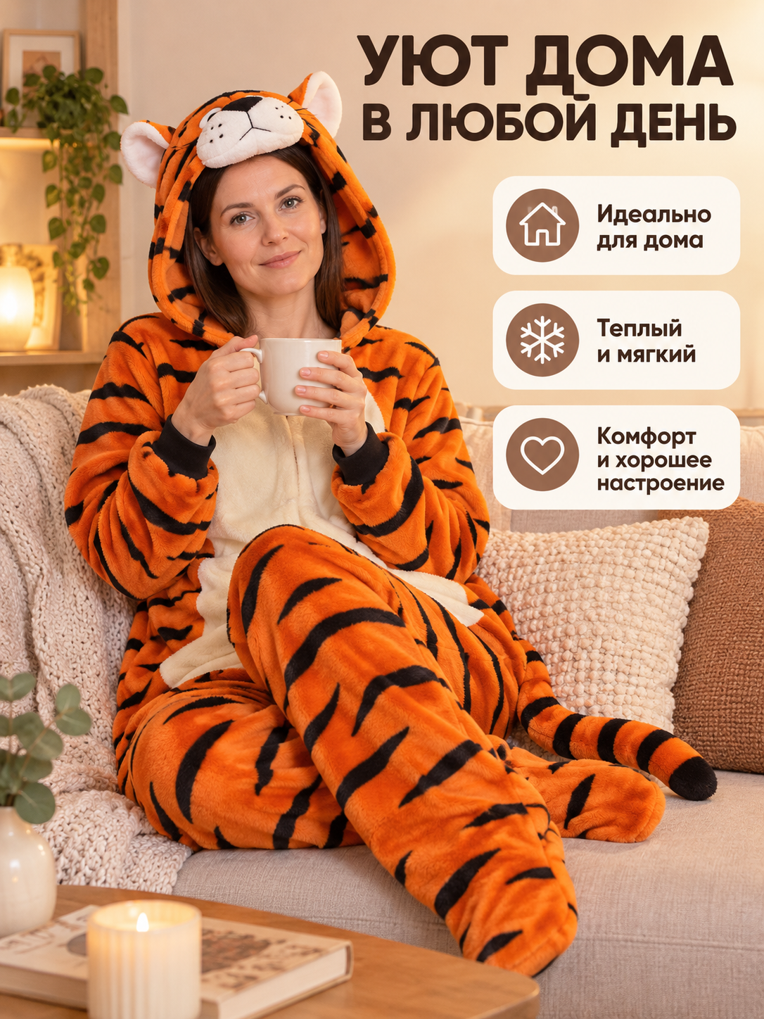 Flannel Pajama Jumpsuit with Hood and Ears, Orange