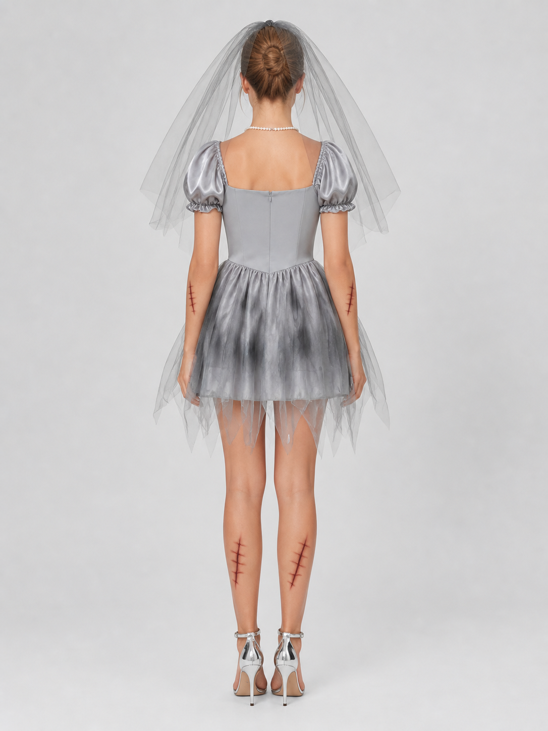 Gray Ghost Bride Dress with Veil and Ragged Hem back view