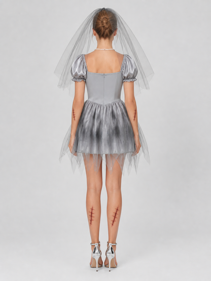 Gray Ghost Bride Dress with Veil and Ragged Hem back view