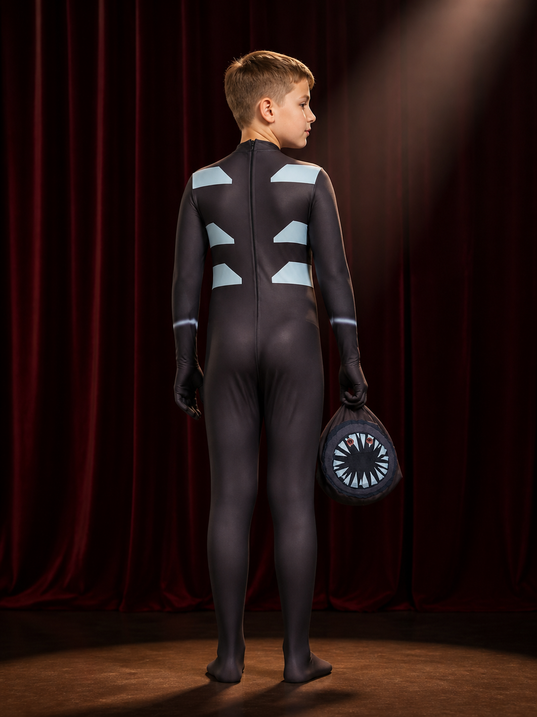 Children's Doors Themed Full Body Bodysuit Costume with Geometric Print Mask back view