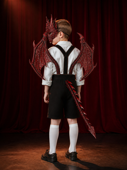 Kids Red Dragon Halloween Costume Set with Mask, Wings and Tail back view