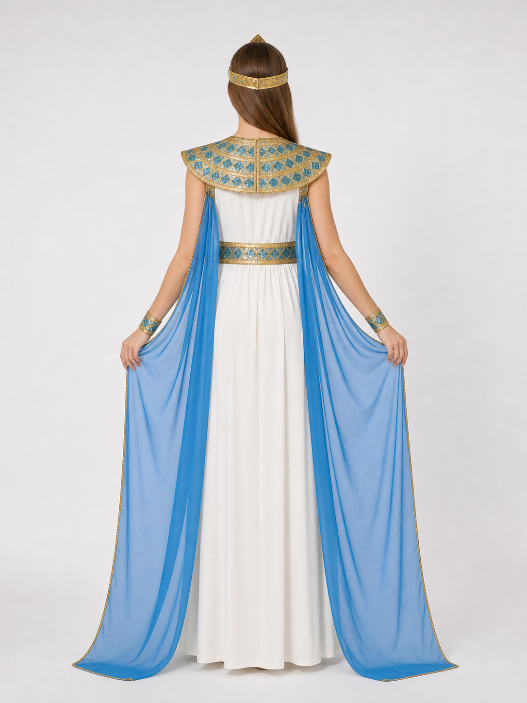 Cleopatra Costume with Blue Draping and Gold Embellishments
