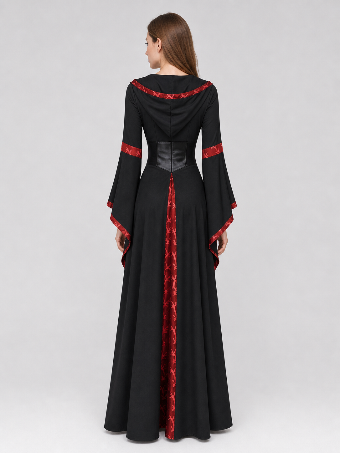 Black Gothic Hooded Dress with Lace-Up Detail