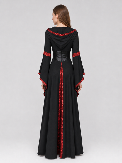 Black Gothic Hooded Dress with Lace-Up Detail