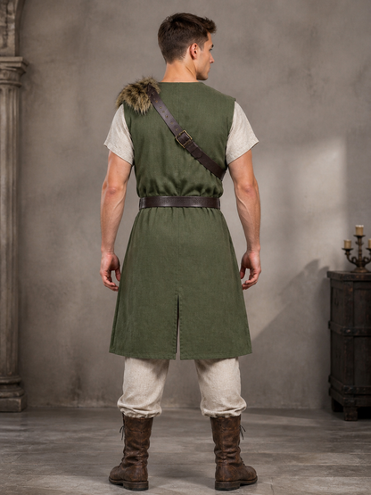 Back view of a green sleeveless vest with fur shoulder trim, brown belt and center back slit in a dim interior