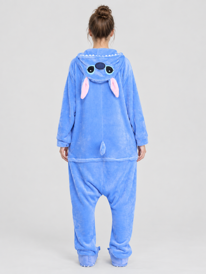 Blue pajama jumpsuit with a hood, ears, and tail