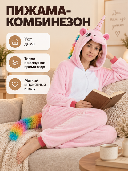 Pink Flannel Hooded Unicorn Pajama Jumpsuit