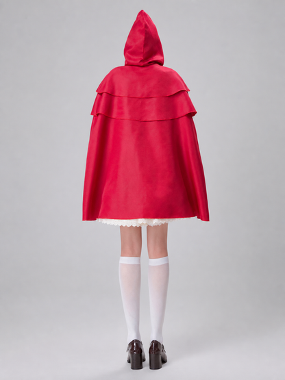 Red Hooded Cape with Three Tiers of Ruffles